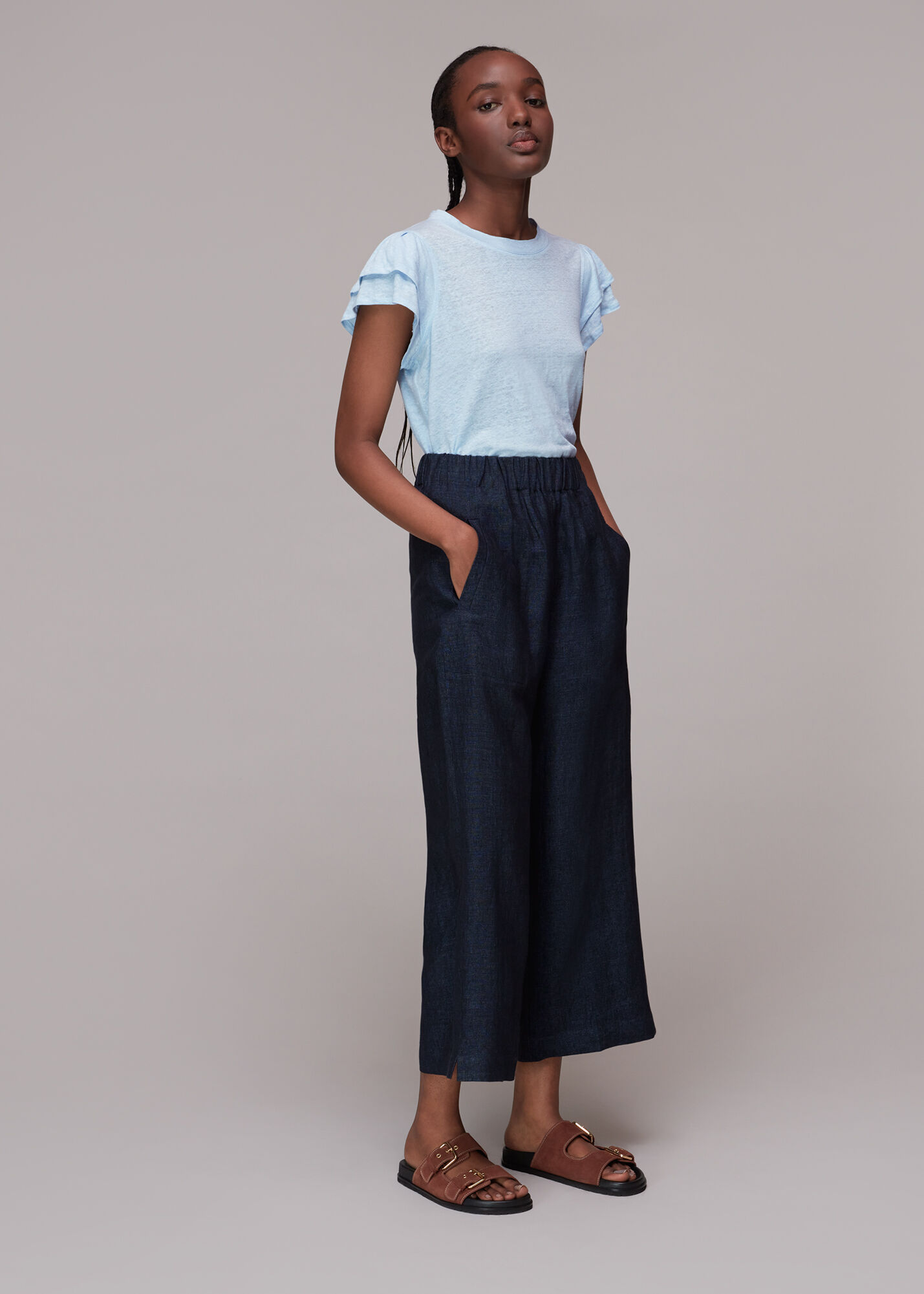Pale Blue Laura Linen Frill Sleeve Top 