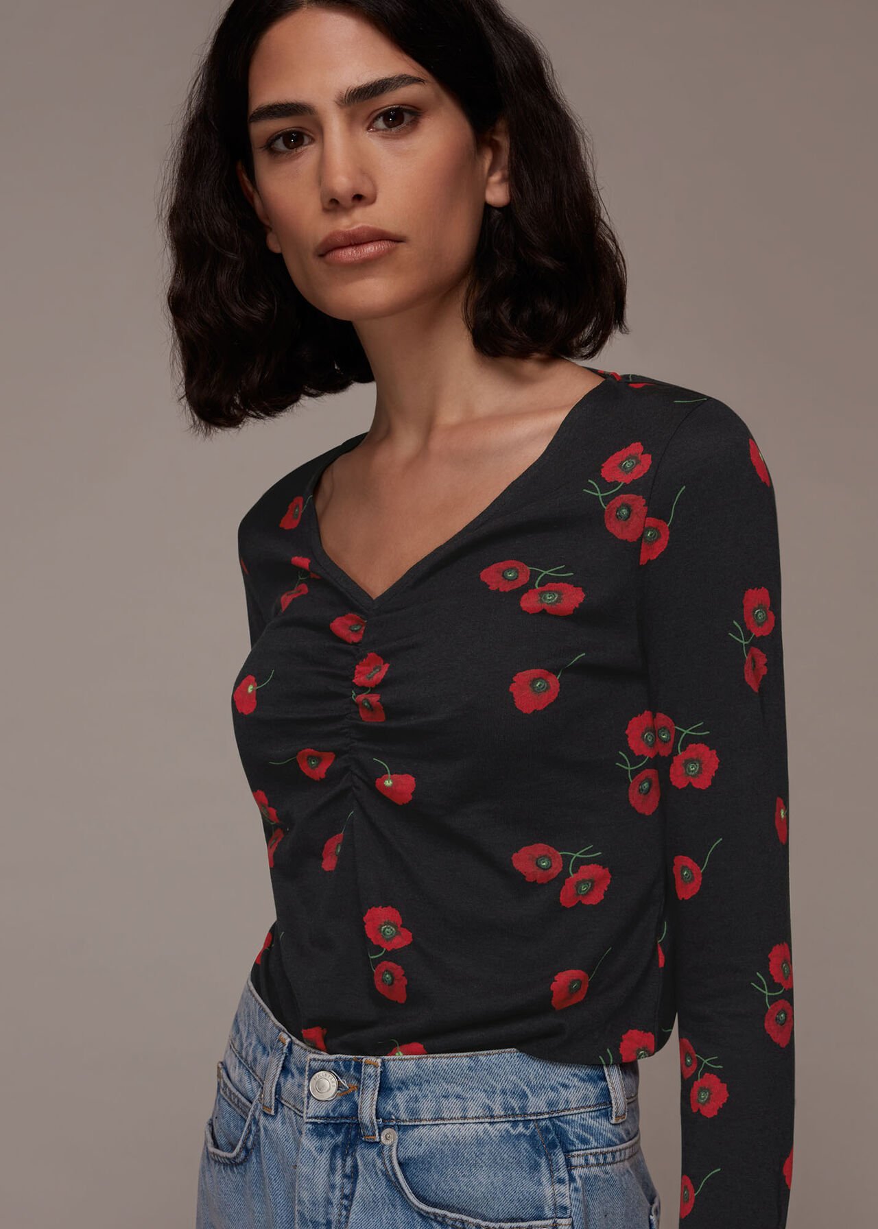 Poppy Print Ruched Neck Tee