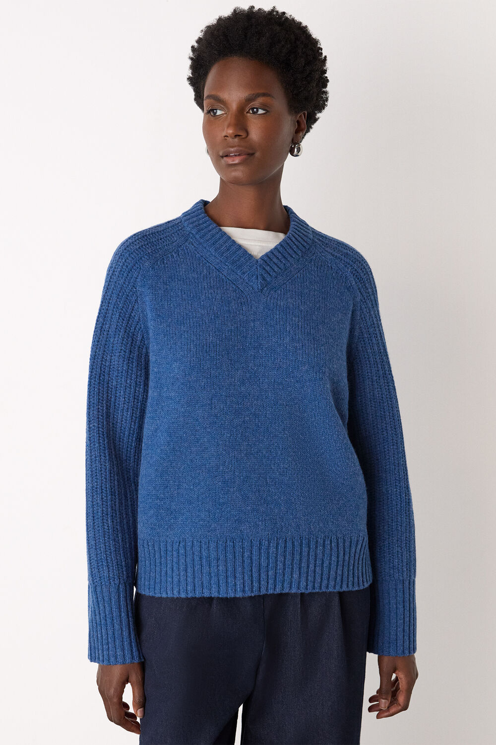Wool Ribbed Sleeve V Neck Knit