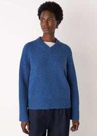 Wool Ribbed Sleeve V Neck Knit