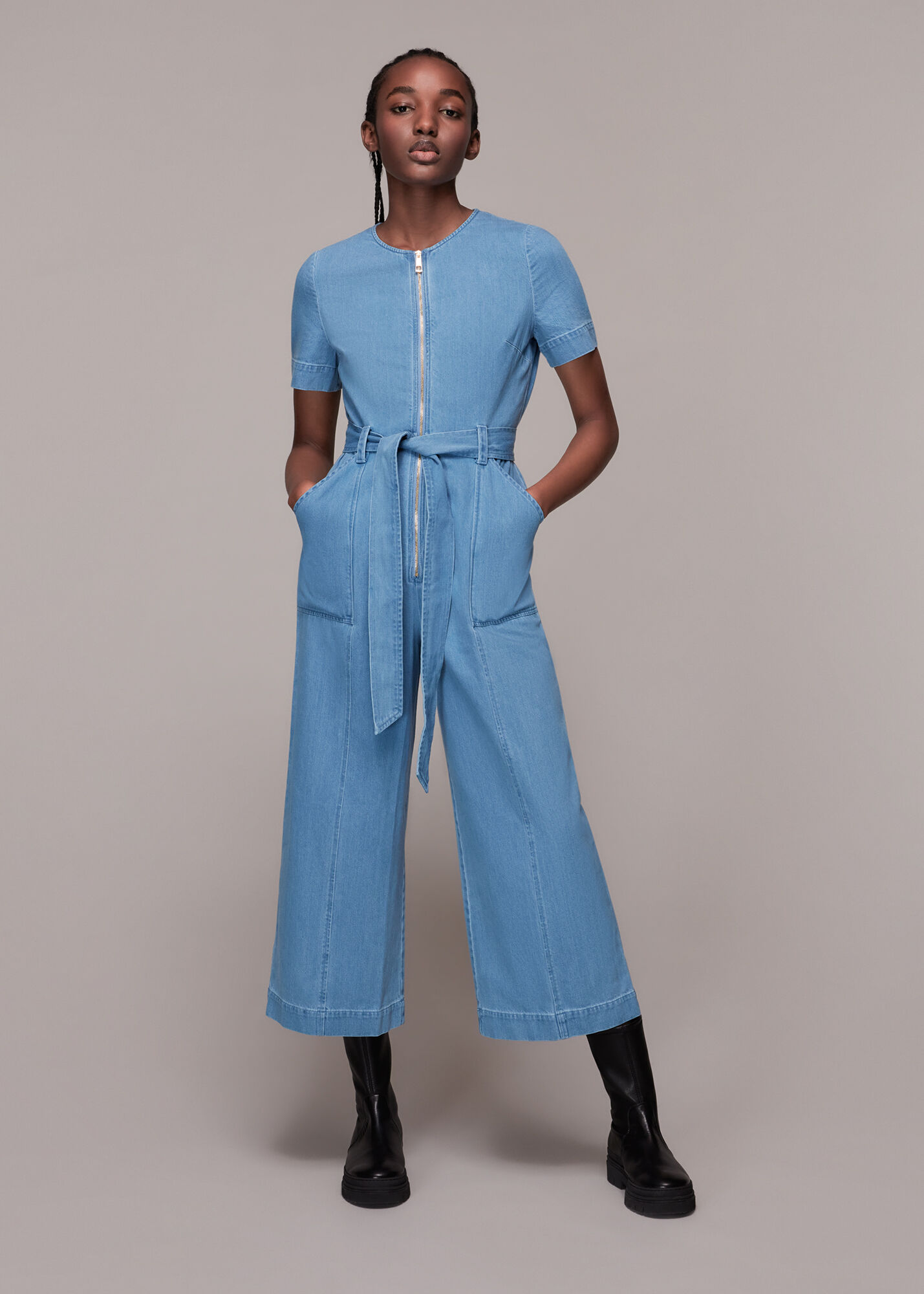 Denim Short Sleeve Denim Jumpsuit WHISTLES Whistles