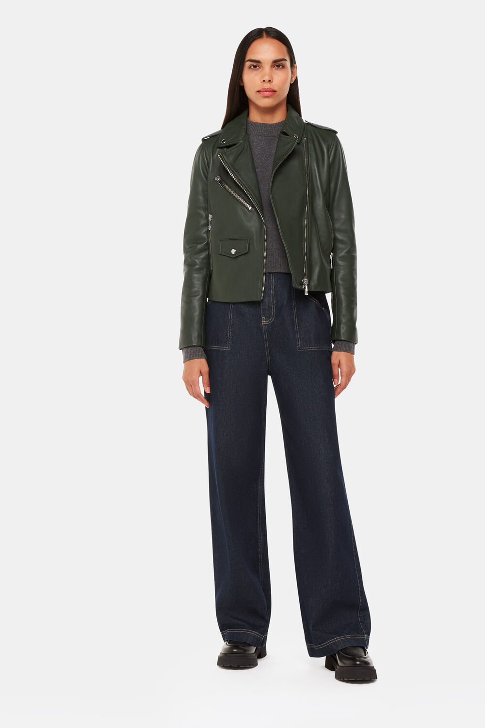 Dark Green Agnes Pocket Leather Jacket