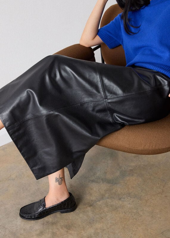Black Pencil Leather Midi Skirt