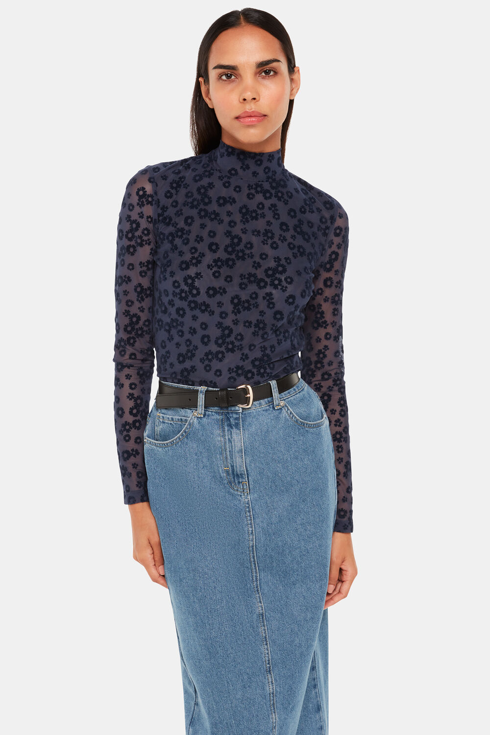 Navy Flower Crew Neck Mesh Top