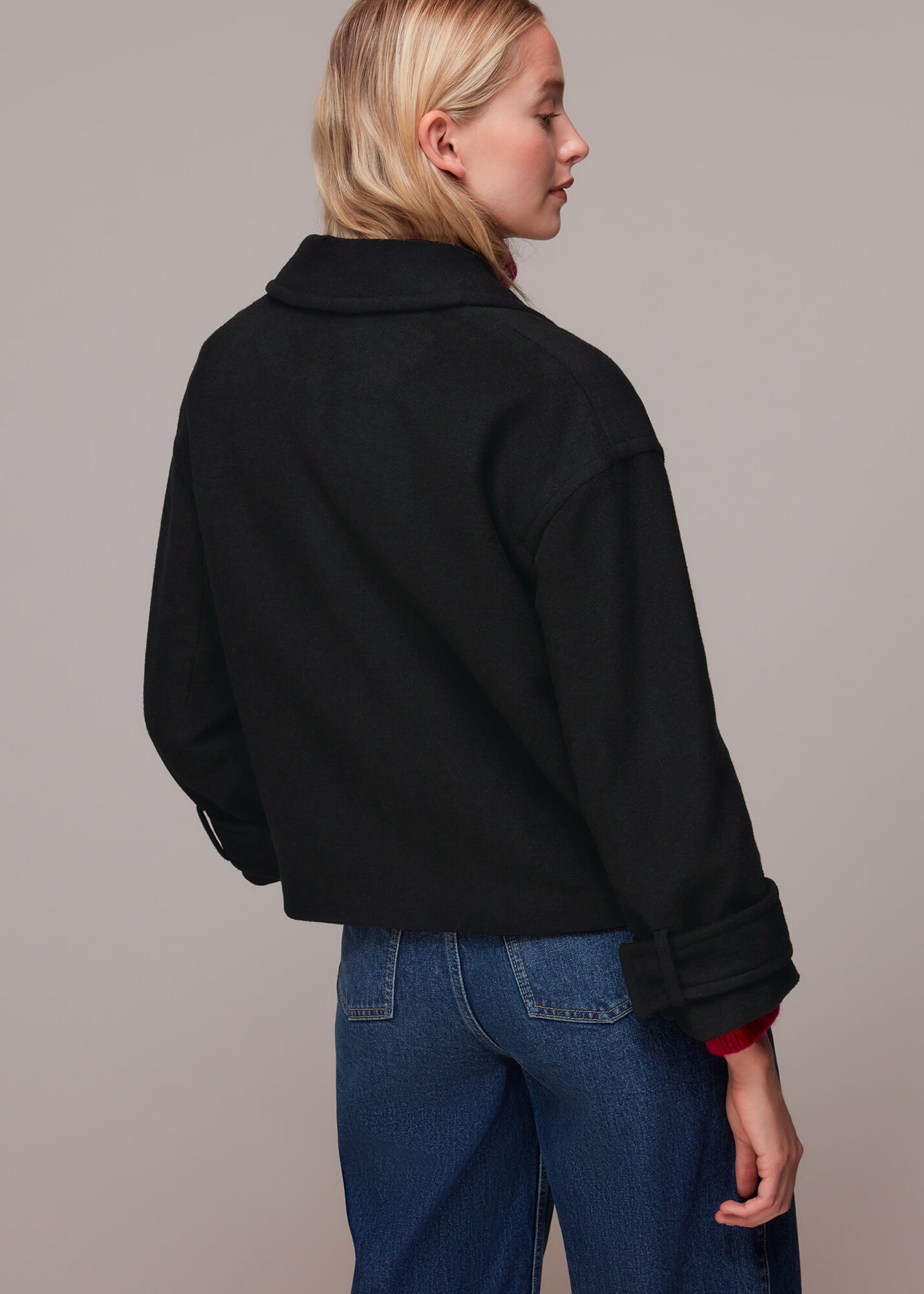 Black Relaxed Cropped Wool Coat WHISTLES Whistles UK