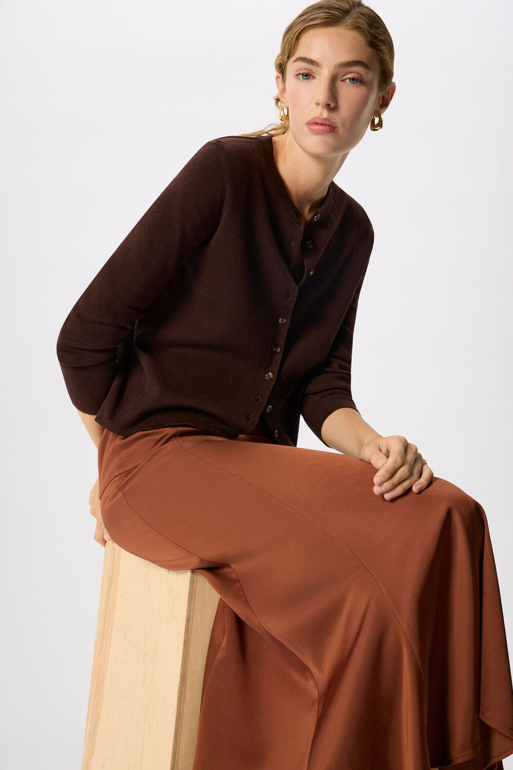Brown Panel Waist Satin Midi Skirt