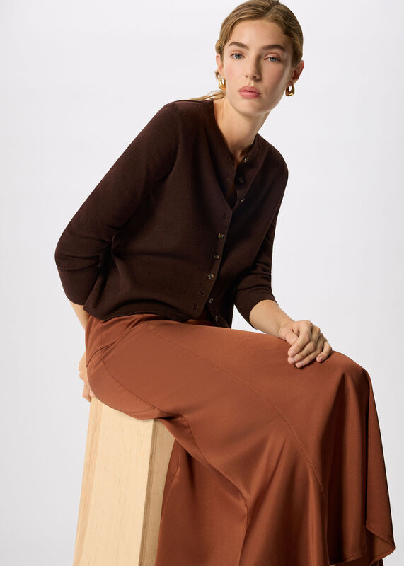 Brown Panel Waist Satin Midi Skirt