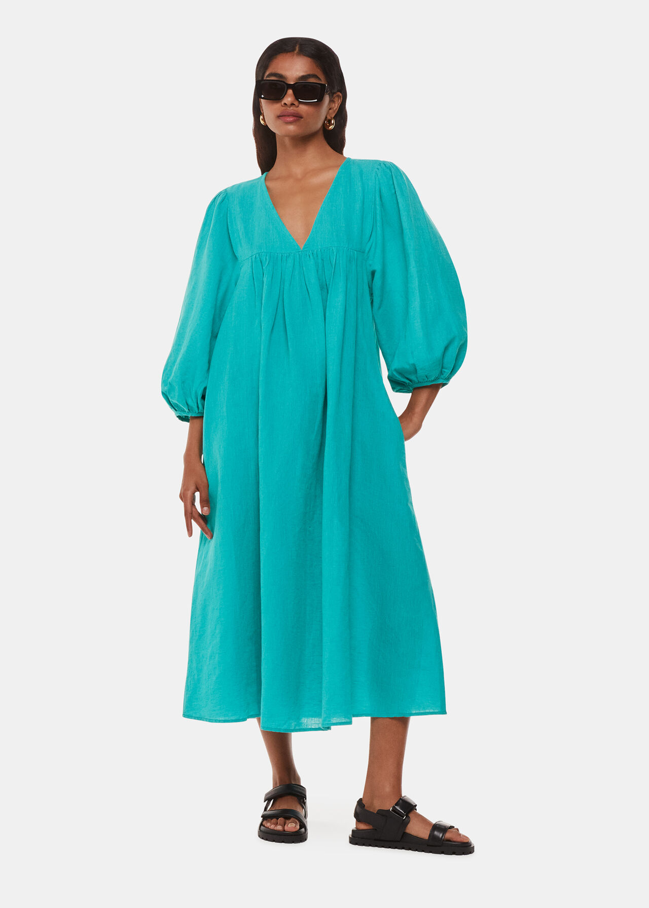 Turquoise Gloria Linen Blend Dress | WHISTLES | Whistles UK