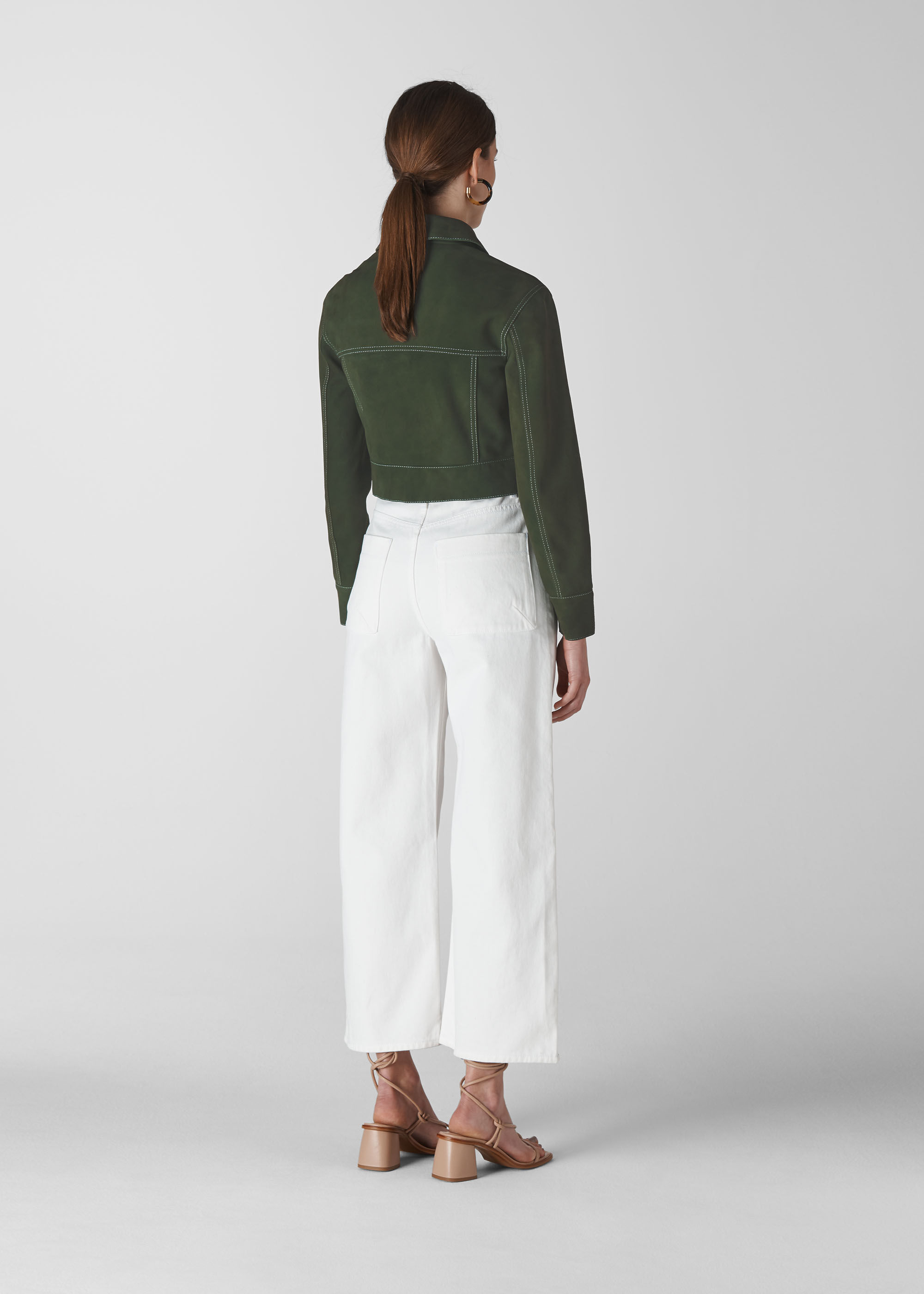 Khaki Grace Cropped Suede Jacket | WHISTLES | Whistles US |