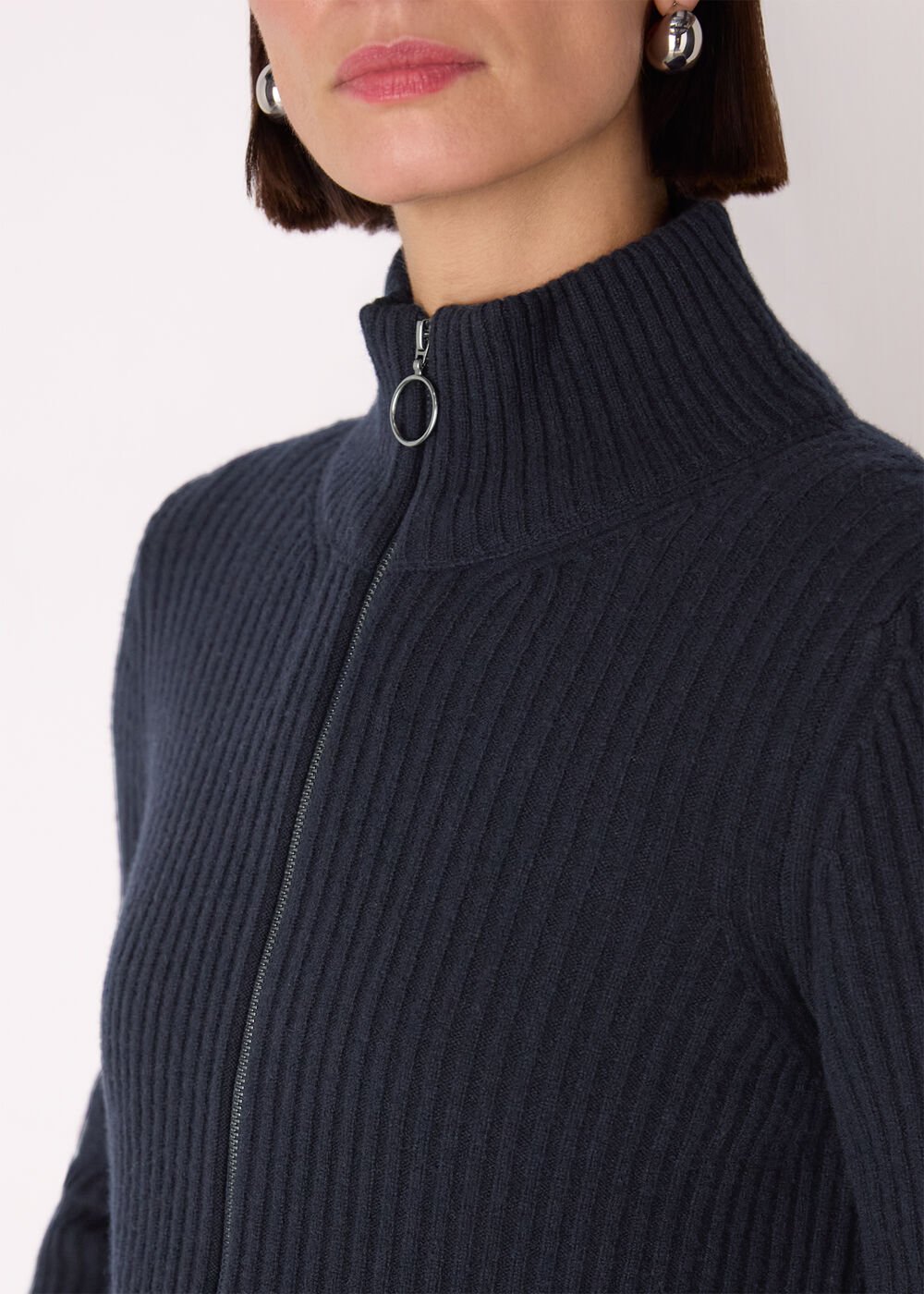 Wool Zip Front Rib Cardigan