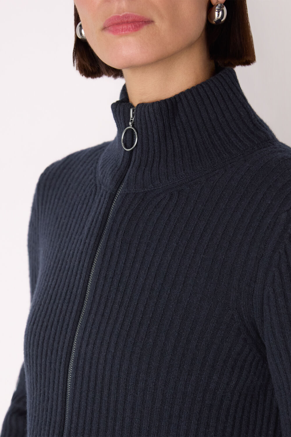 Navy Wool Zip Front Rib Cardigan
