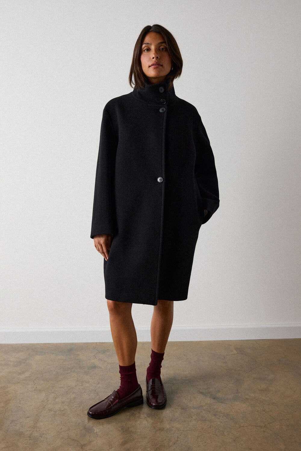 Black Funnel Neck Cocoon Coat