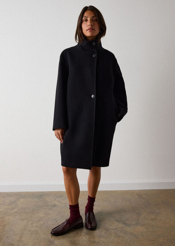 Black Funnel Neck Cocoon Coat