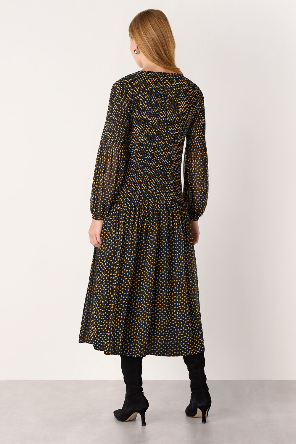 Black Spot Print Plisse Midi Dress