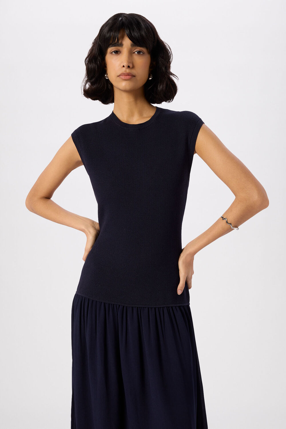 Navy Knitted 2in1 Bubble Hem Dress