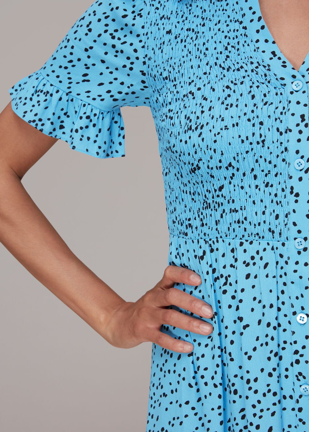 Spotted Dot Shirred Midi Dress