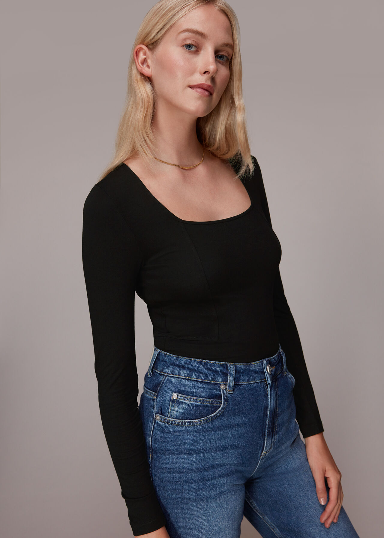 Black Square Neck Long Sleeve Top, WHISTLES