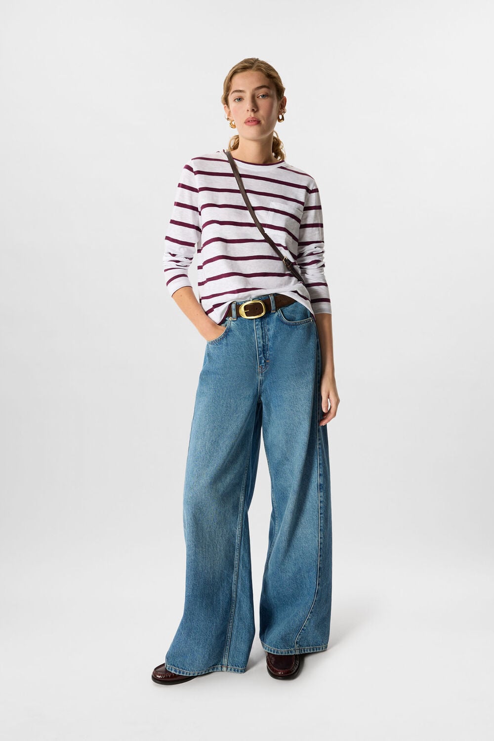 Burgundy Stripe Crew Neck Pocket Top