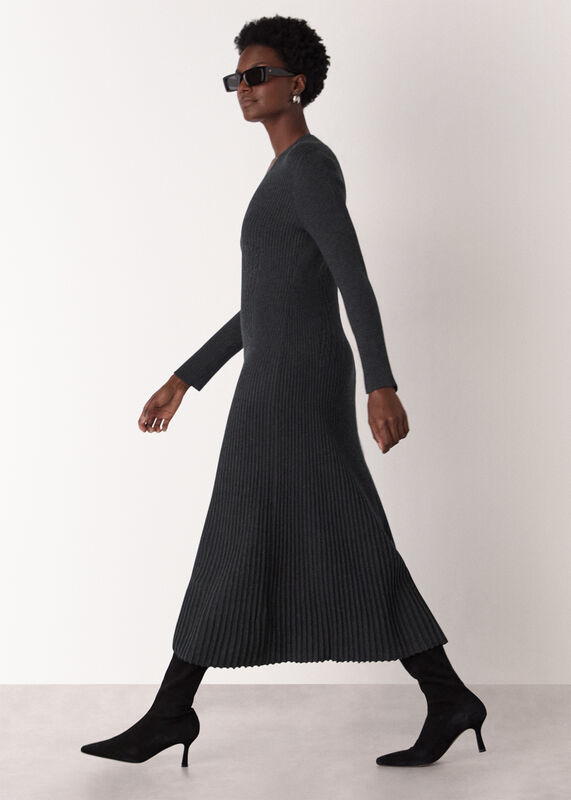 Dark Grey V Neck Cable Ribbed Knit Dress