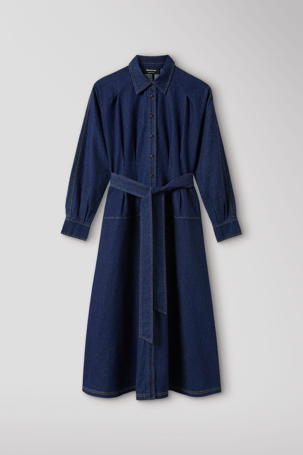 Dark Denim Waisted Midi Shirt Dress
