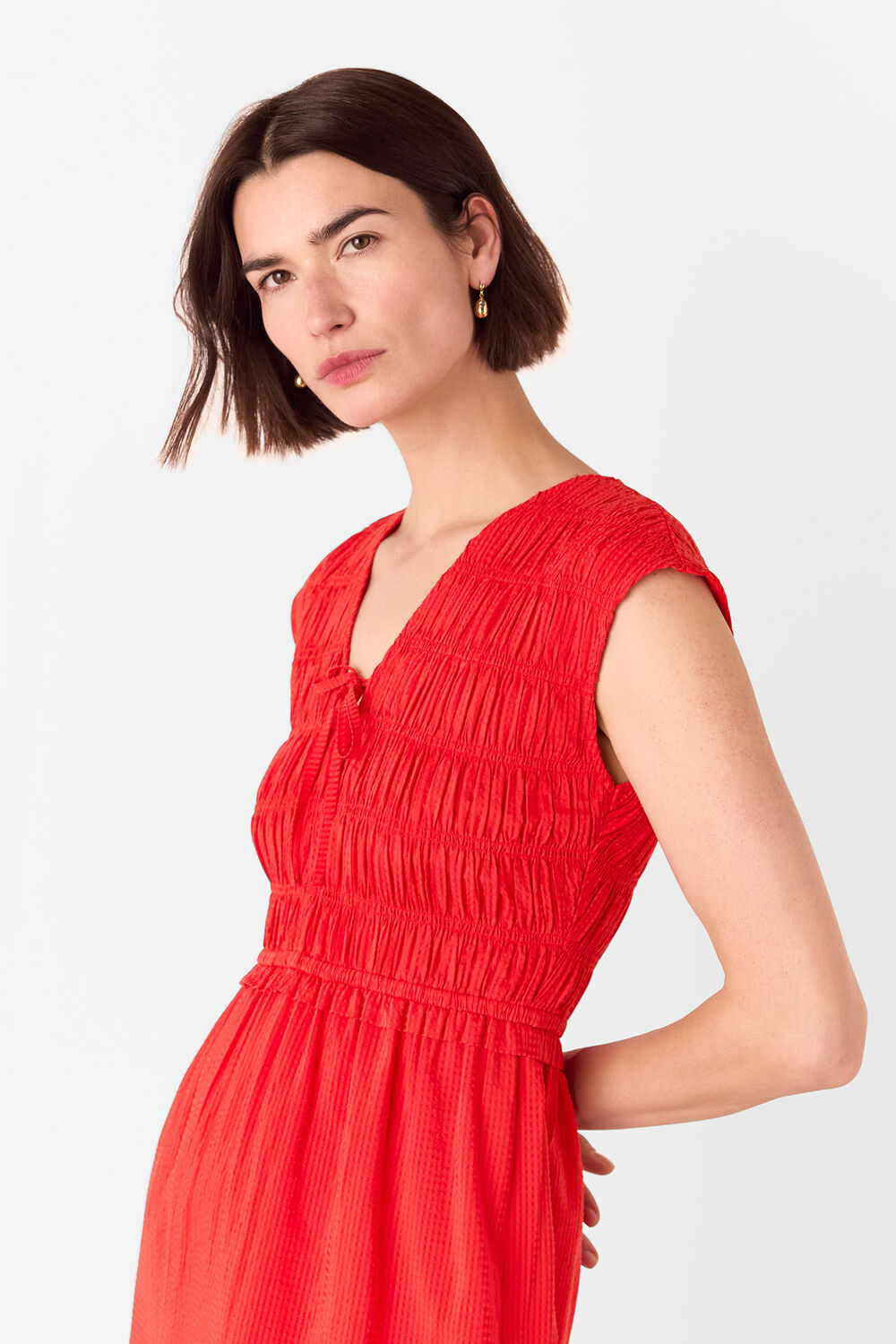 Red Shirred Bodice V Neck Dress