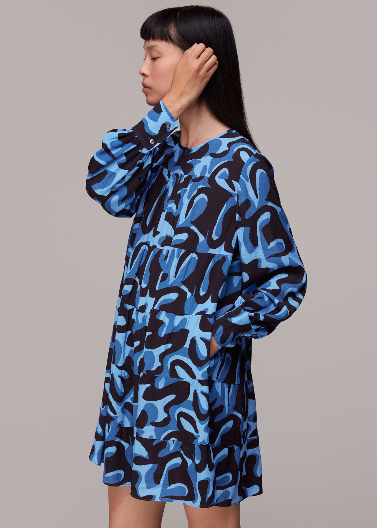 Blue/Multi Foliage Print Tiered Dress WHISTLES