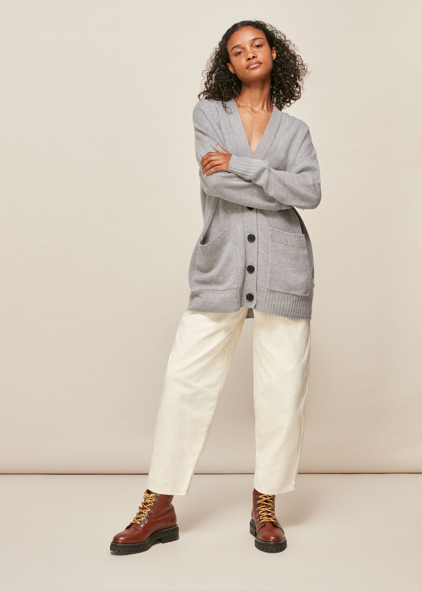 Grey Long Line Pocket Wool Cardigan WHISTLES
