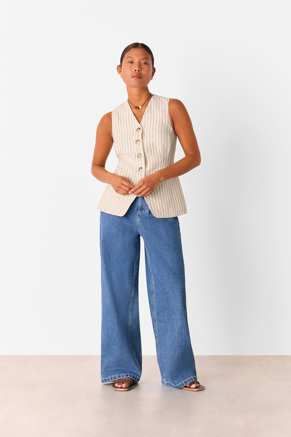 Neutral Petite Linen Stripe Waistcoat