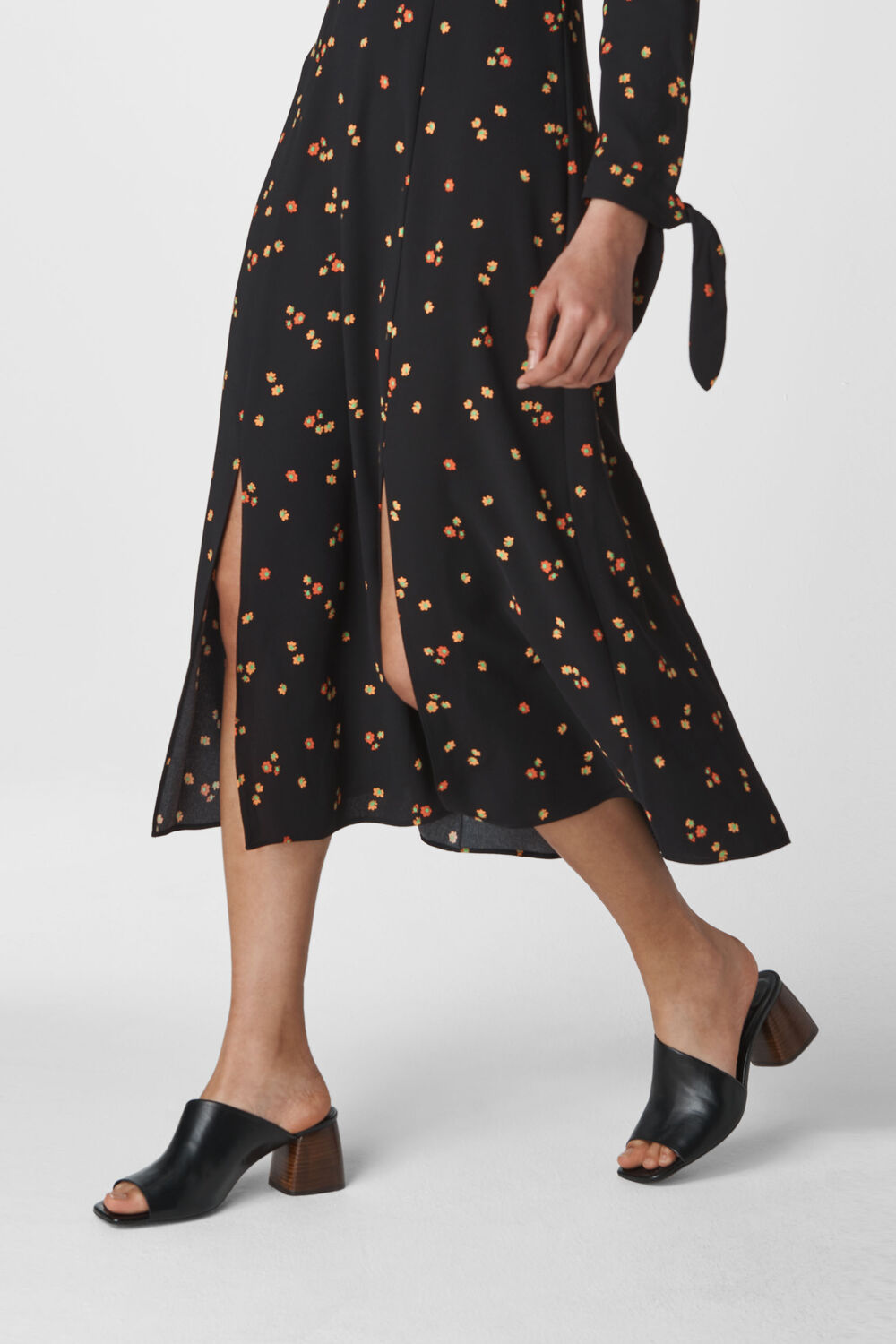 Micro Floral Tie Cuff Dress Black/Multi