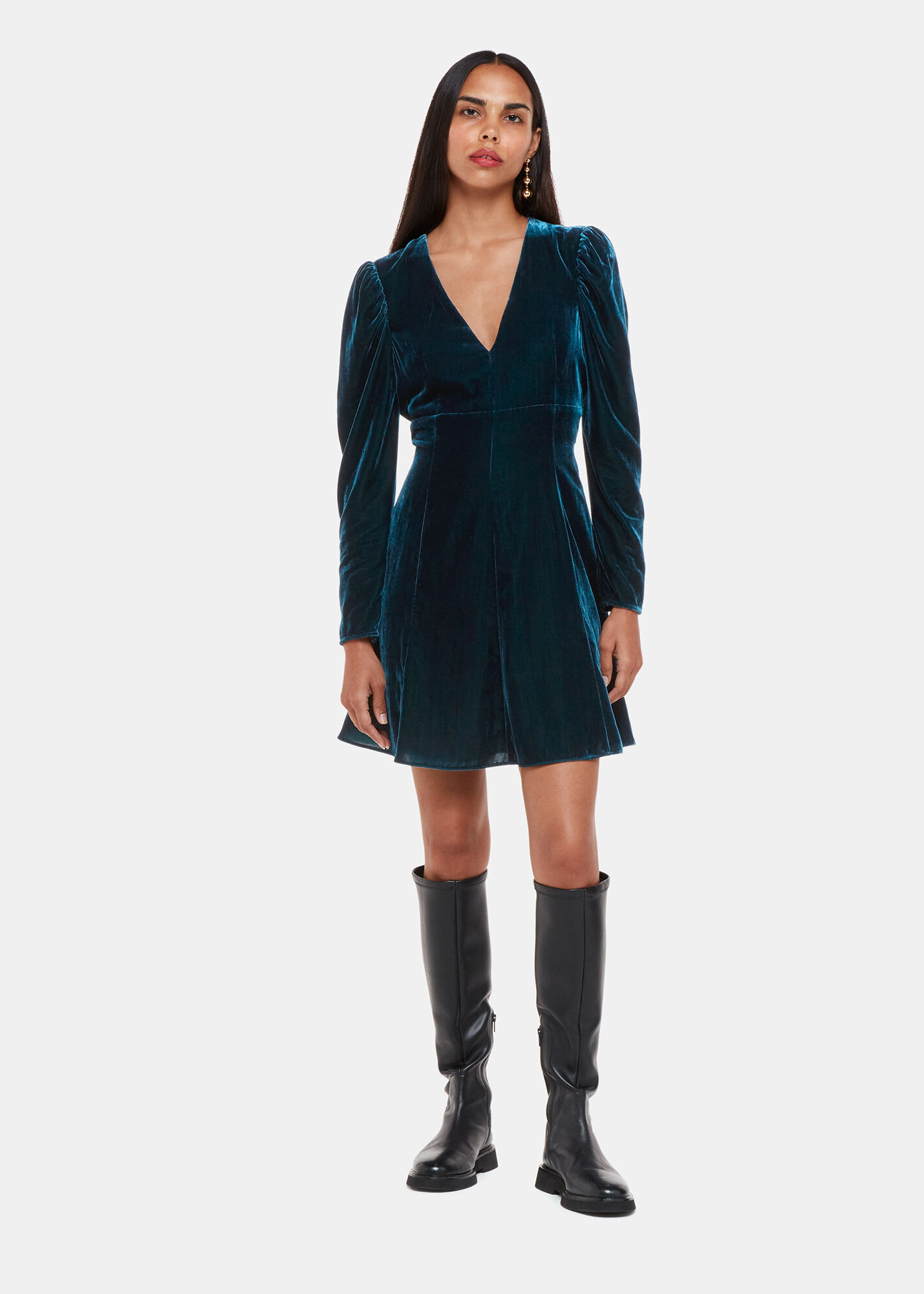 Dark Blue Velvet Flippy Dress With VNeck & Long Sleeves Whistles