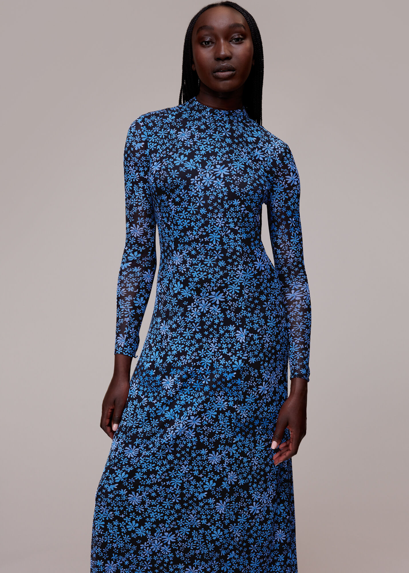 Blue Multi Boho Floral Minimal Mesh Dress WHISTLES Whistles UK