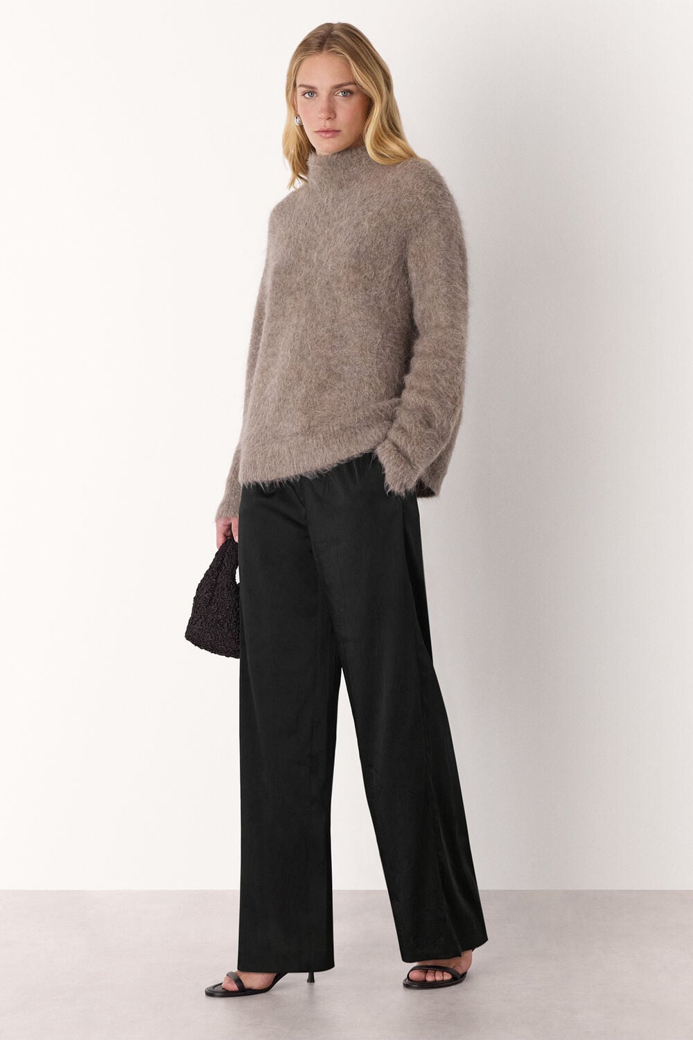 Black Textured Satin Pintuck Trouser