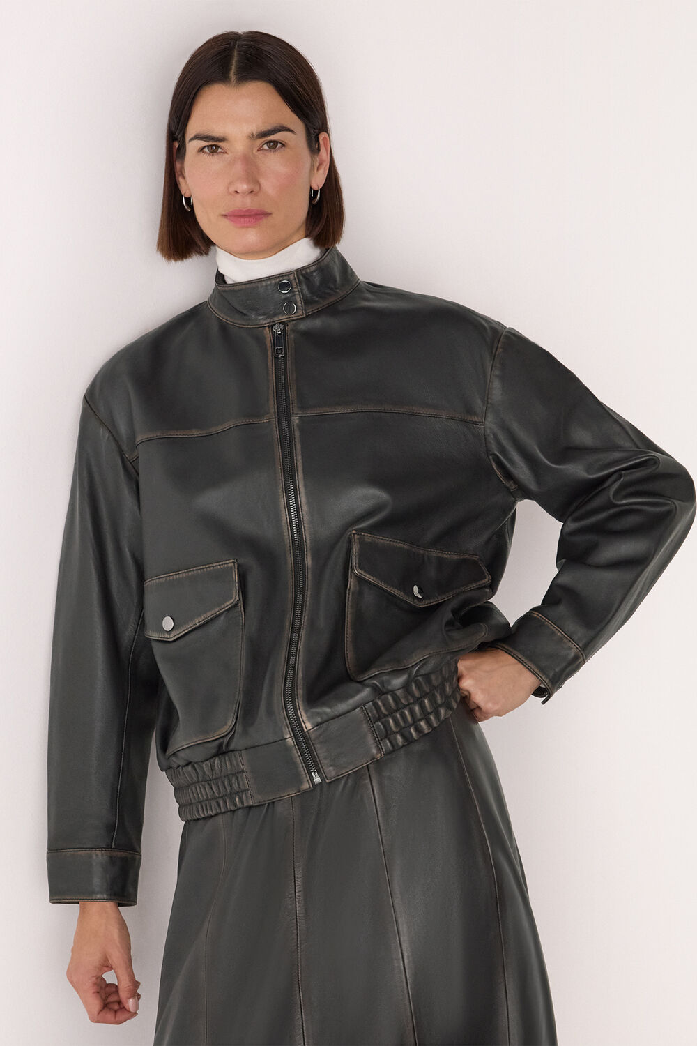 Black Burnished Leather Bomber