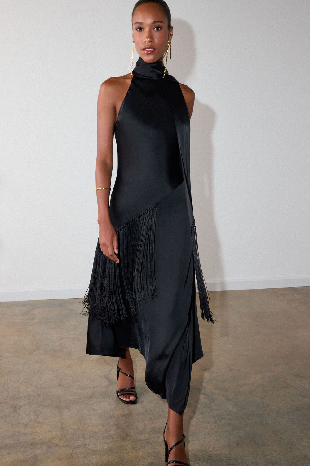 Black Fringed Scarf Detail Dress