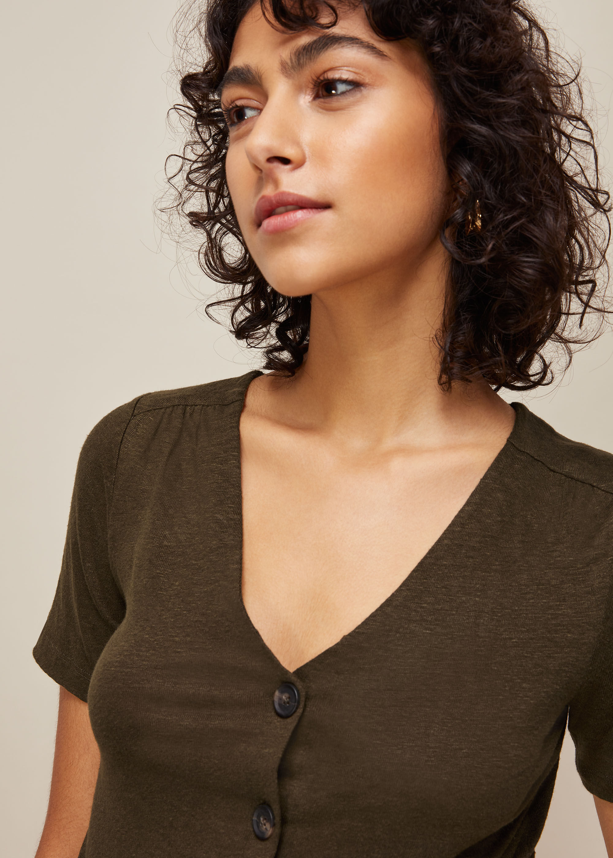 Khaki Linen Button Front Tie Top 