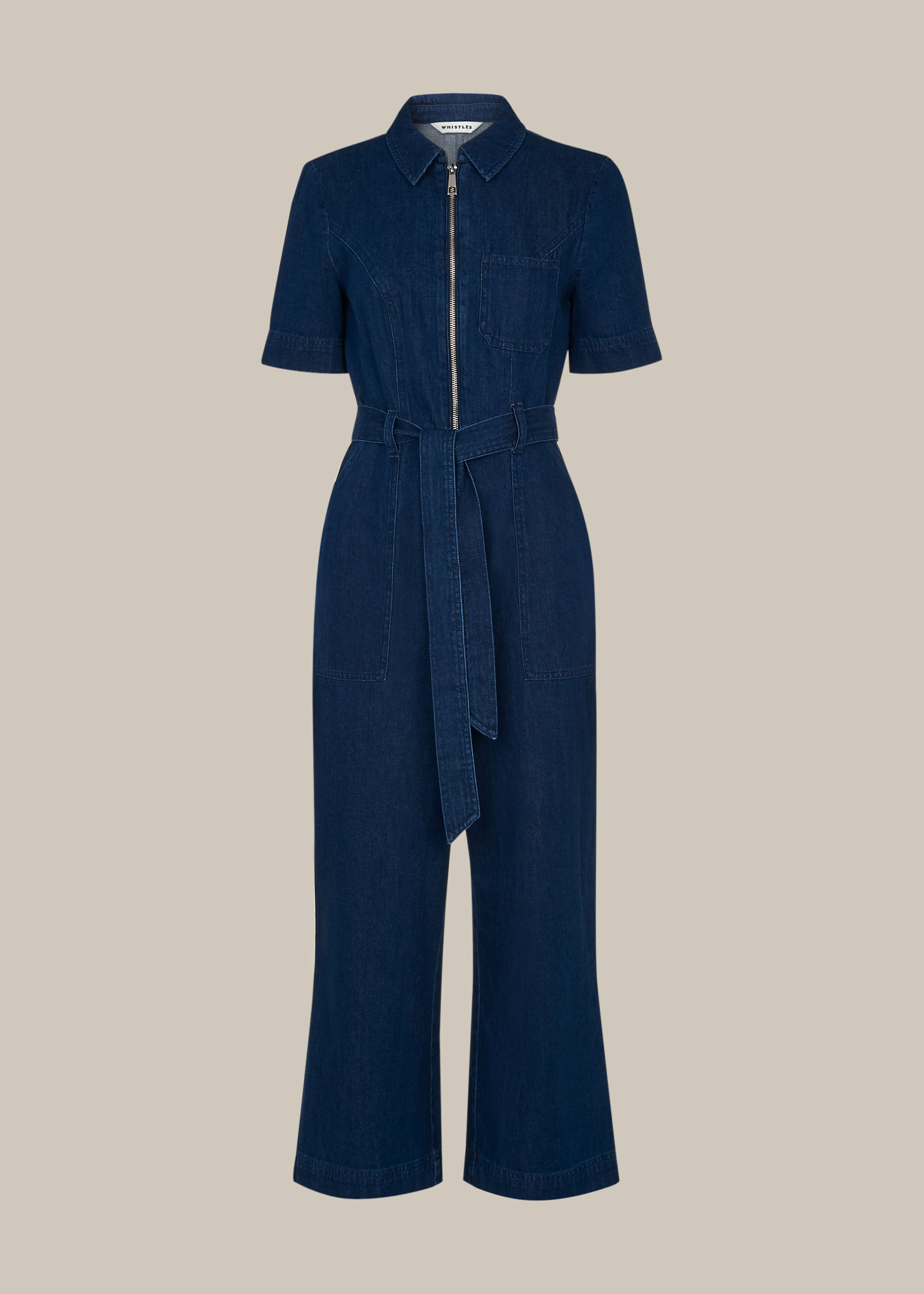 Denim tie waist jumpsuit new arrivals