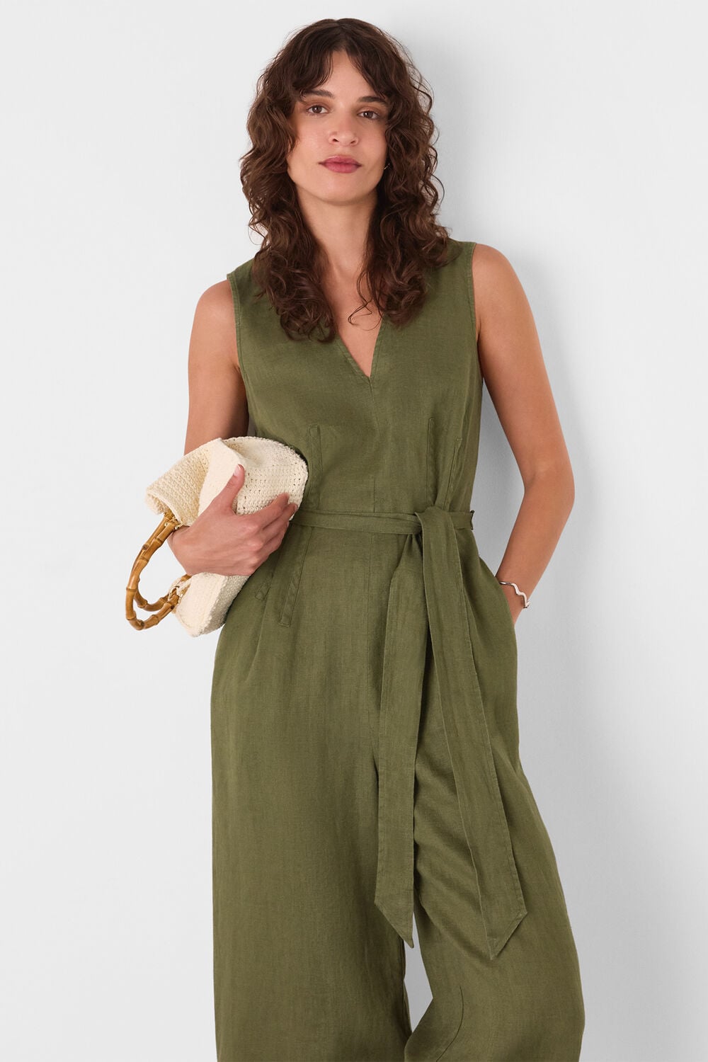 Khaki Belted Seamed Linen Jumpsuit