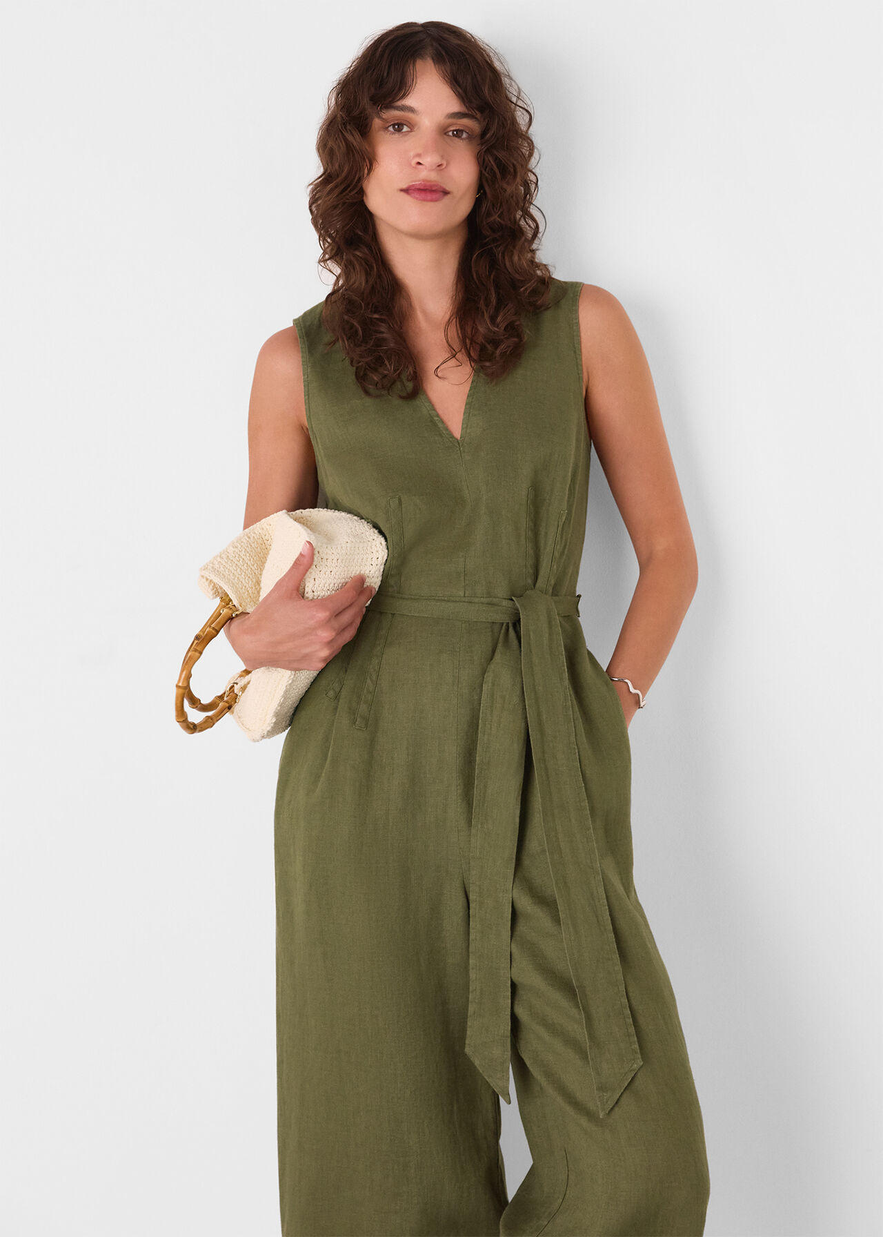Belted Seamed Linen Jumpsuit