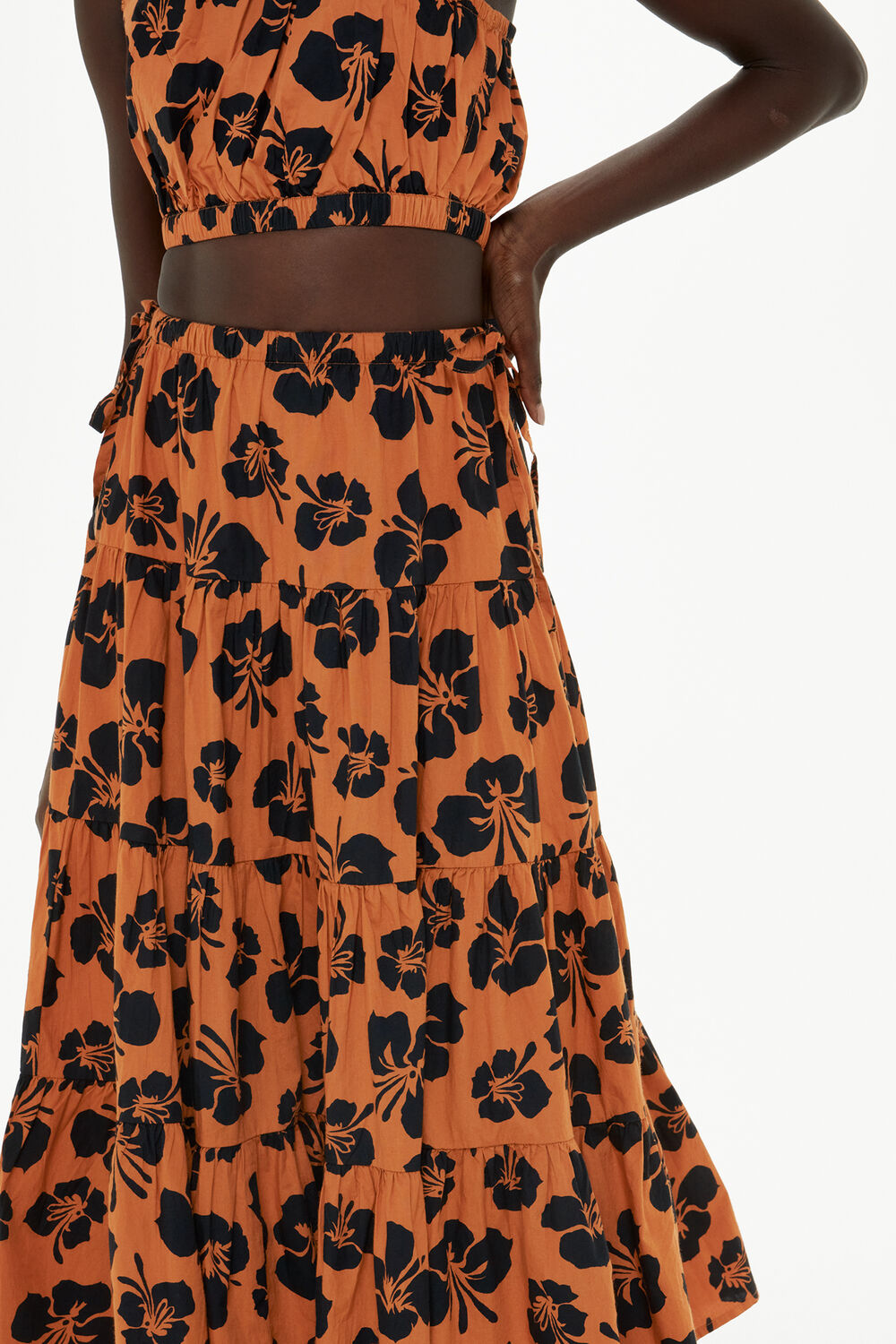 Brown Tropical Floral Tiered Skirt