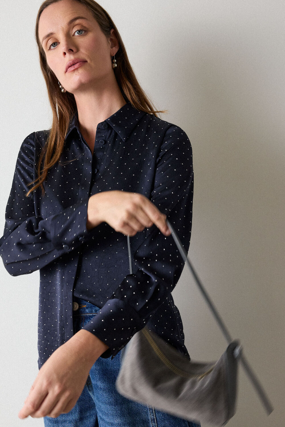 Navy Hot Fix Hammered Satin Shirt