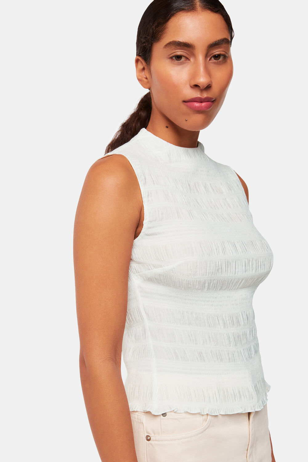 White Plisse Sleeveless Top