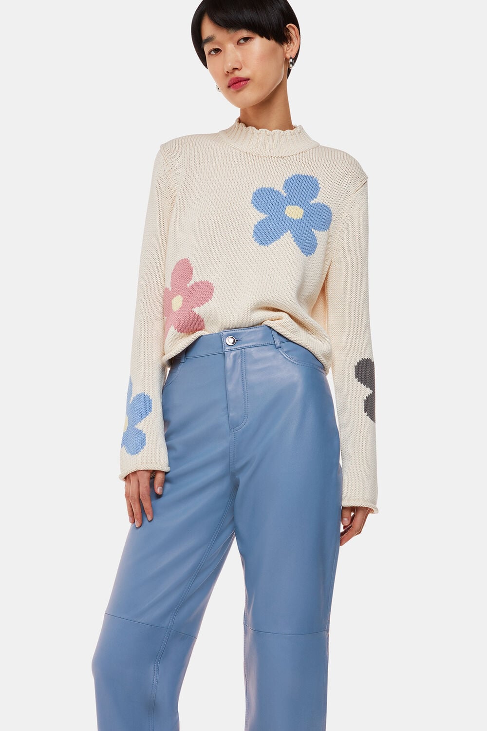 Blue Straight Leg Leather Trouser