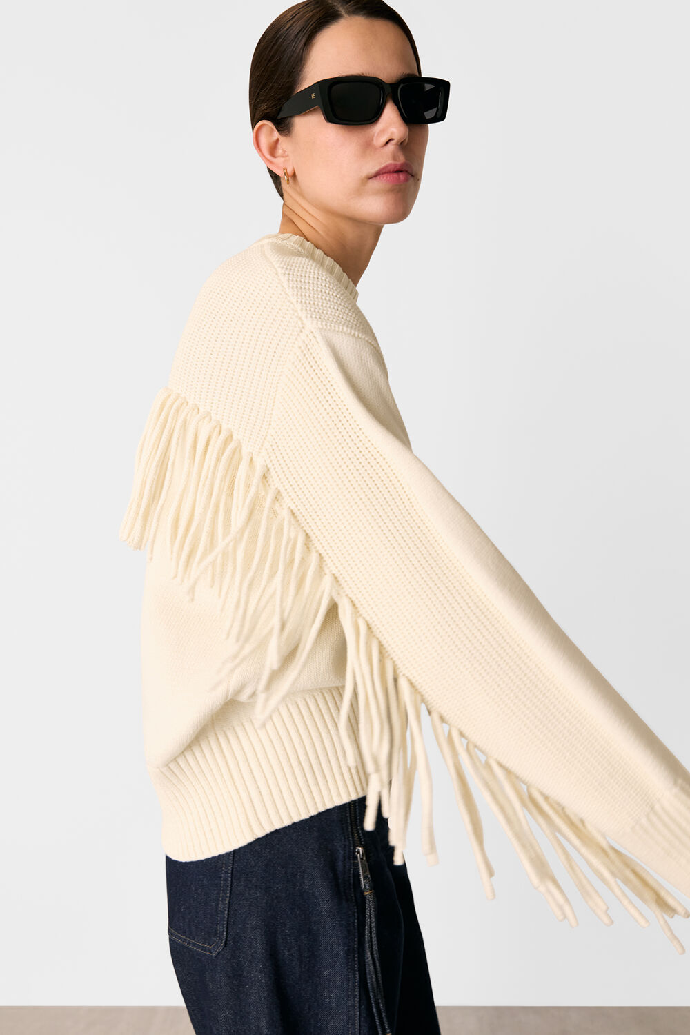 Ivory Fringed Rib Detail Sweater