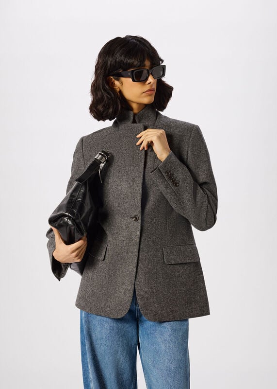 Grey Petite Herringbone Wool Blend Blazer