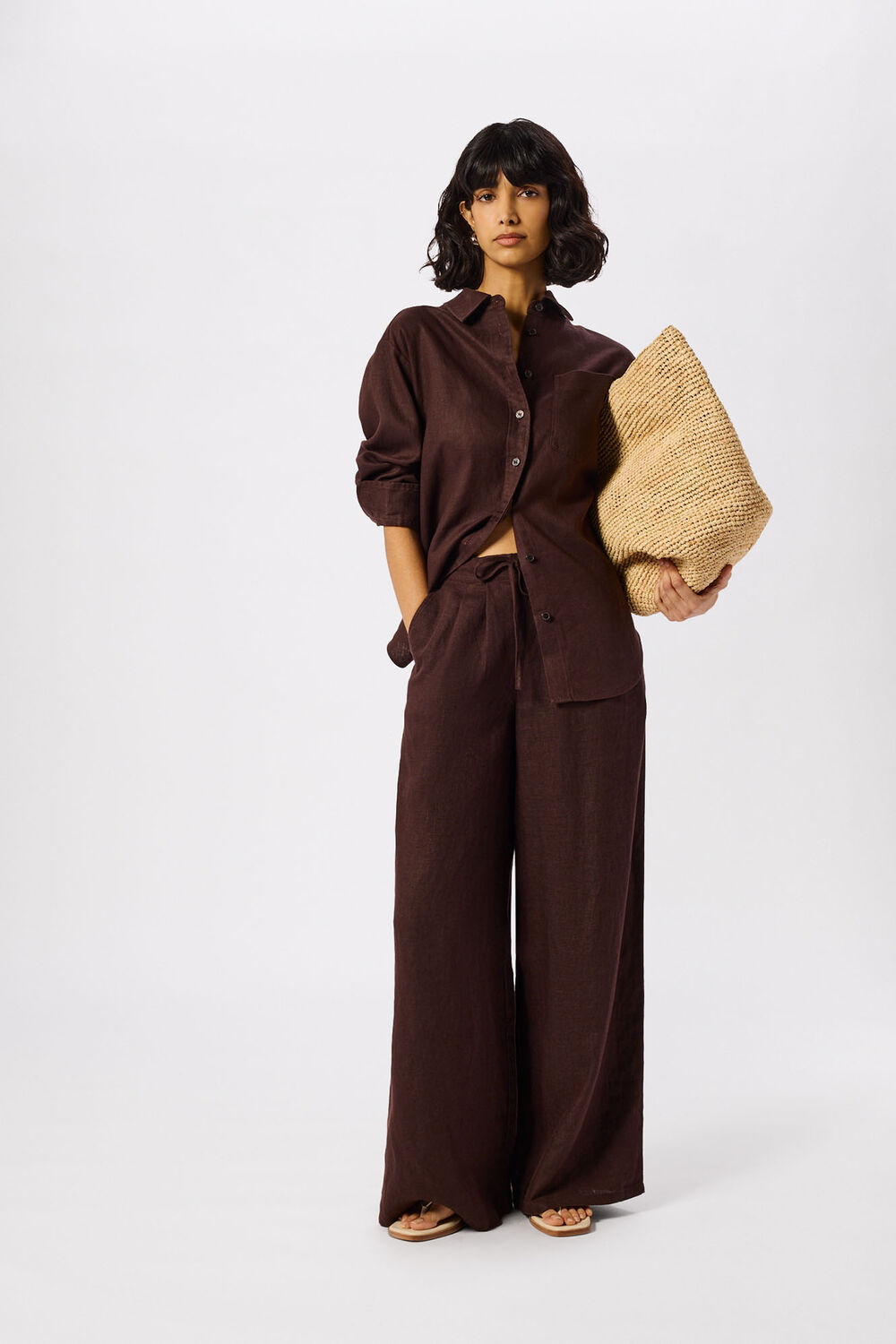 Brown Wide Leg Linen Trouser