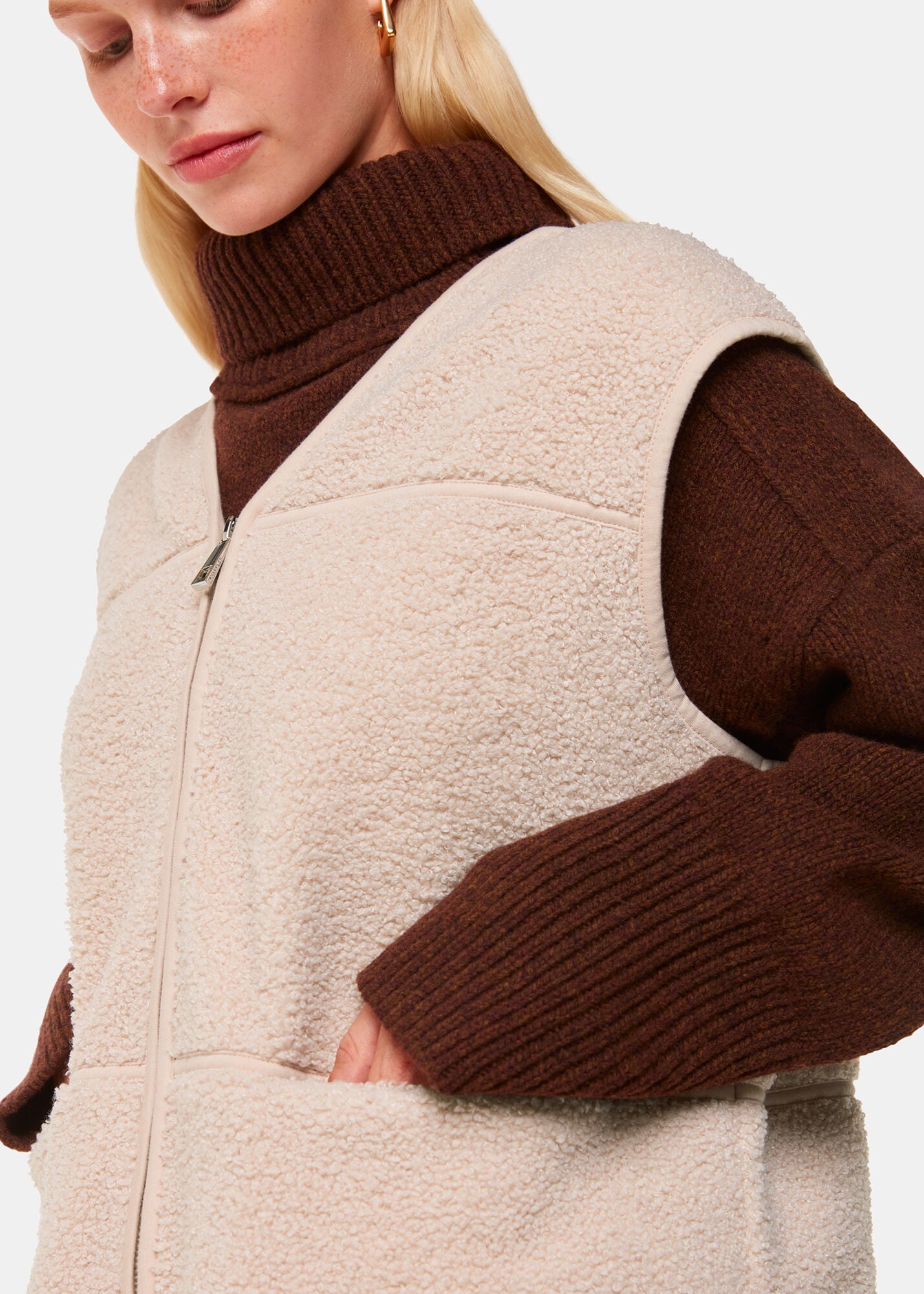 Cream Fleece Zip-Up Gilet with a V-Neck | Whistles | Whistles US |