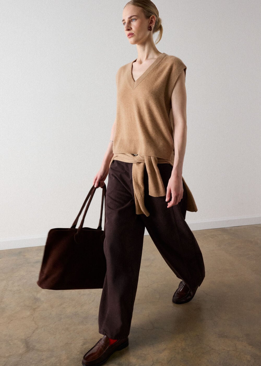 Camel Cashmere V Neck Tank