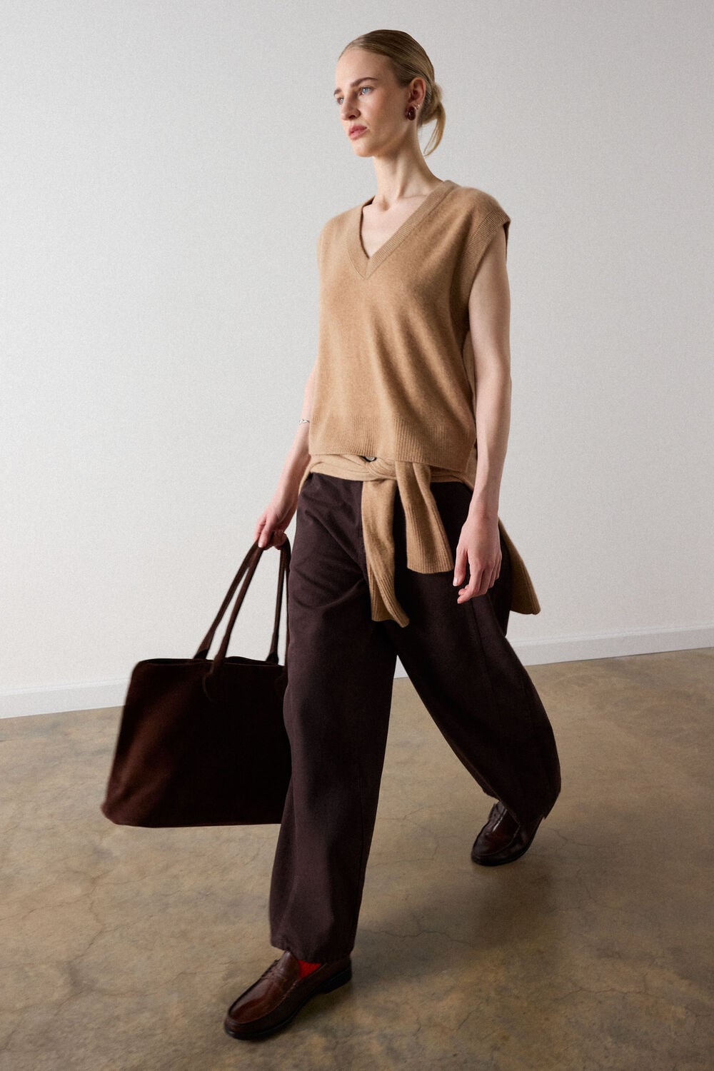 Camel Cashmere V Neck Tank