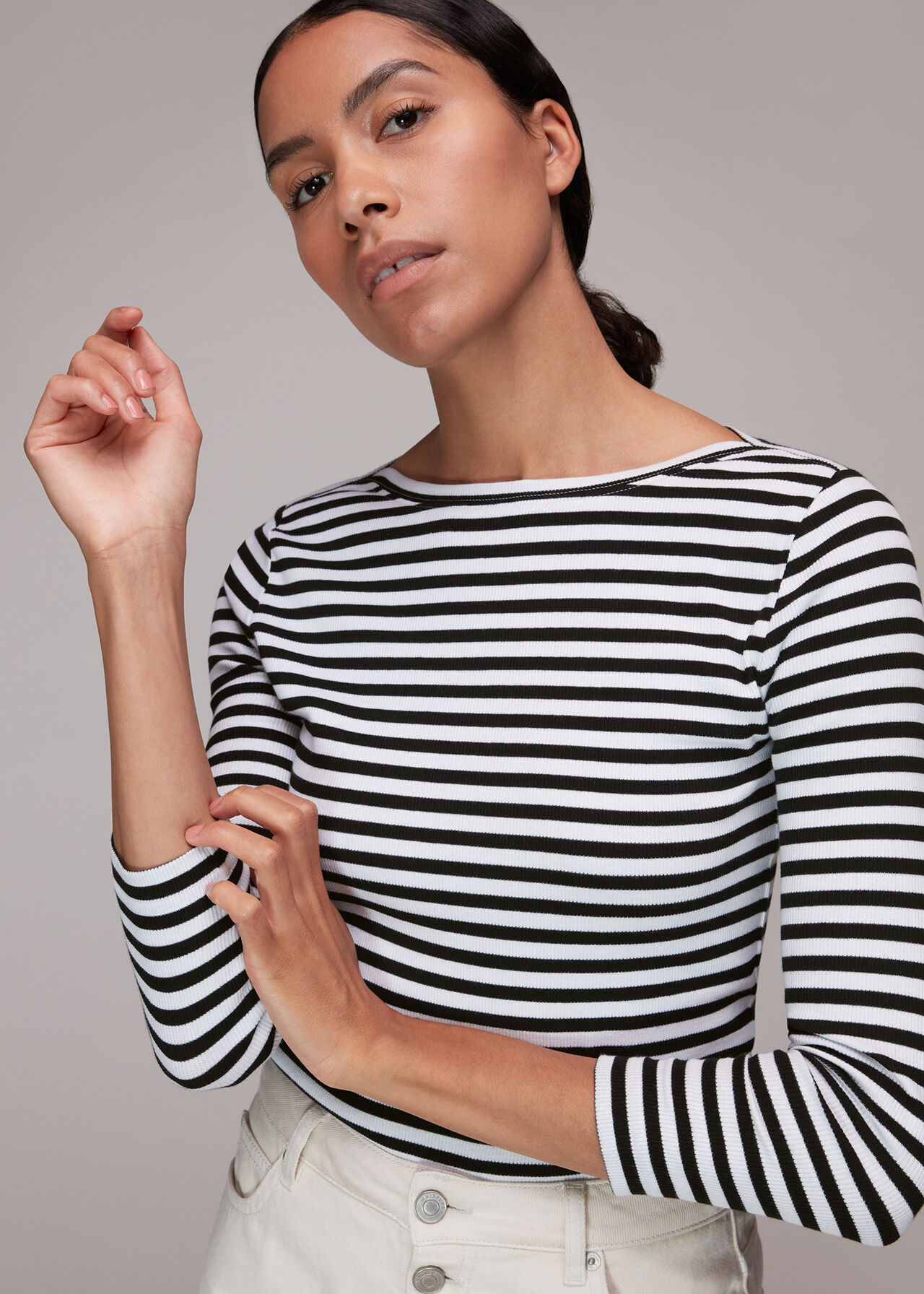 Black/Multi Boat Neck Ribbed Jersey Top | WHISTLES