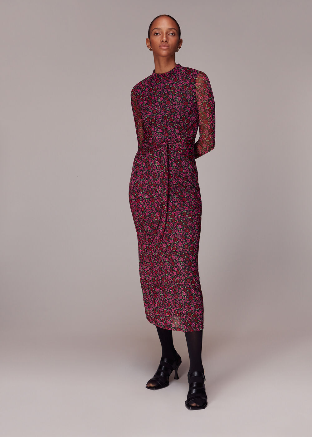 Pink/Multi Outlined Floral Tie Mesh Dress